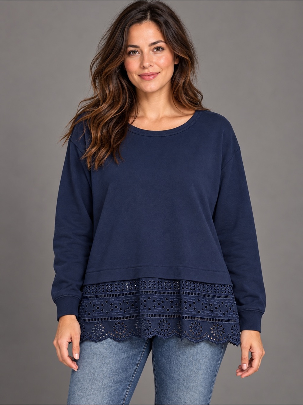 J.Crew Eyelet Hem Sweatshirt Navy Blue Cotton Long Sleeve XL boho casual